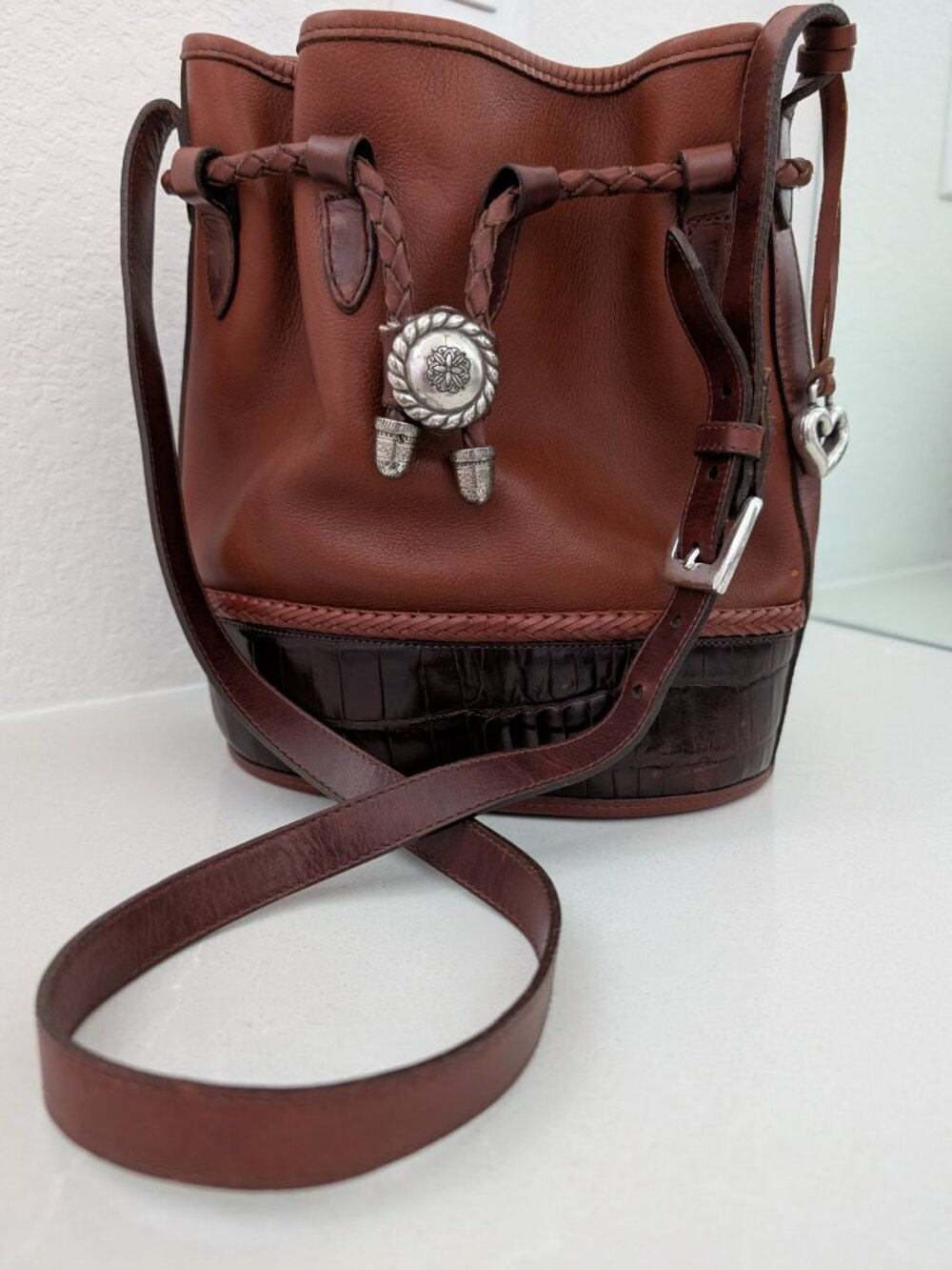Brighton Vintage 90s Bucket Bag Cognac Leather Croc Trim